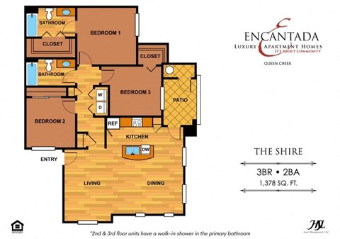 Floor plan for 3 beds, 2 baths, 1378 sqft
